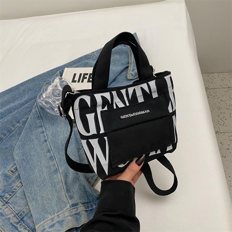 Small Mini Letter Printed Handheld Canvas Bag Contrasting Color Casual Shoulder Bag
