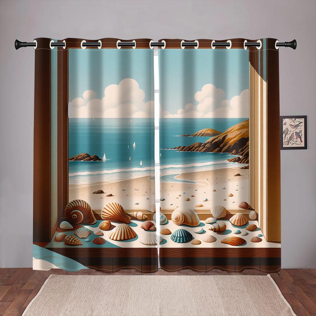 Summer View Beach Ocean Shell Natural Senery Tree Curtains for Bedroom Window Drapes Living Room Home Decoration Kitchen Office
