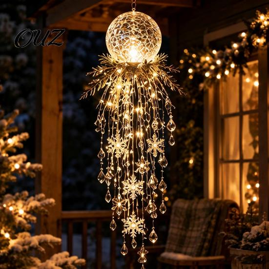 Santa Claus Snowman Decor Crystal Waterfall Christmas Lights, LED Warm White Pendant Effect Holiday Hanging Light with Snowflake Droplets, Outdoor