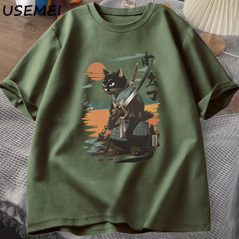 Samurai Cat TShirt Japanese Style Cat Designer Vintage Tshirt Casual Unisex Graphic T Shirts Cotton Short Sleeve Tee Streetwear