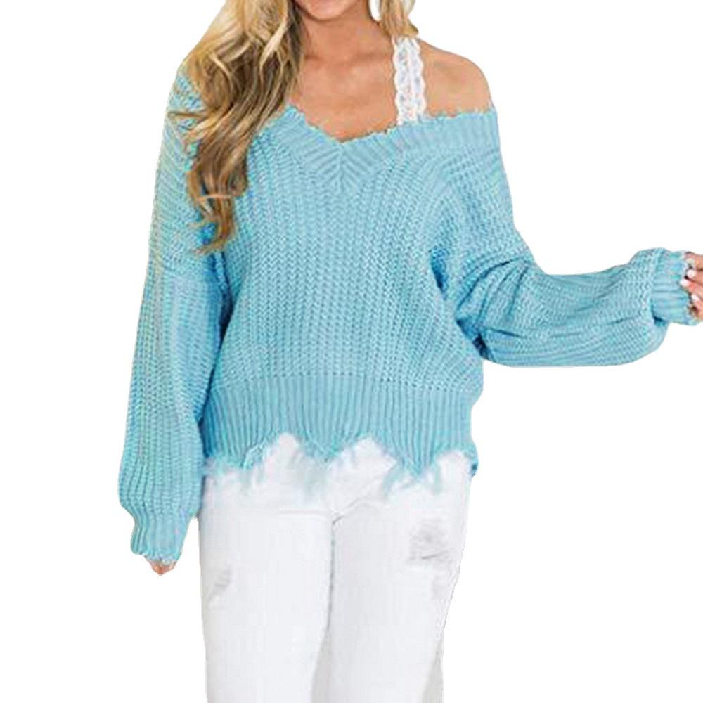 2022 Off-Shoulder Loose Knit Sweater with Deep V-Neck and Tassel Details