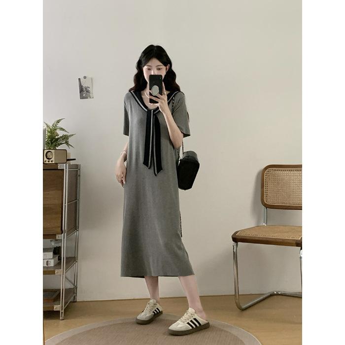 

French contrasting color navy collar short-sleeved T-shirt medium and long dress women s summer college style loose dress looking thin One size fits all серый