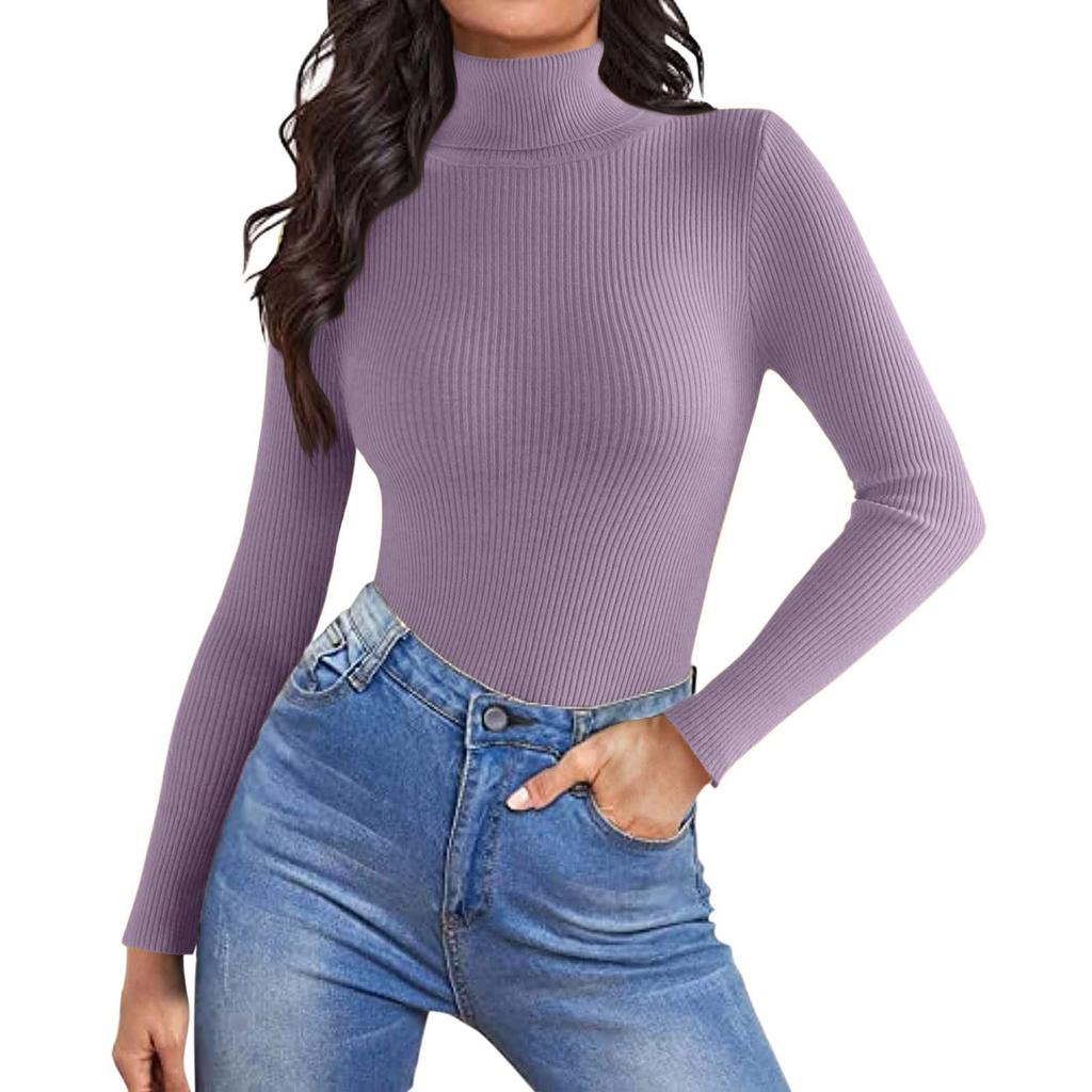 Women's Fashion High Neck Slim T-Shirt Long Sleeve Pullover Solid Colour Top