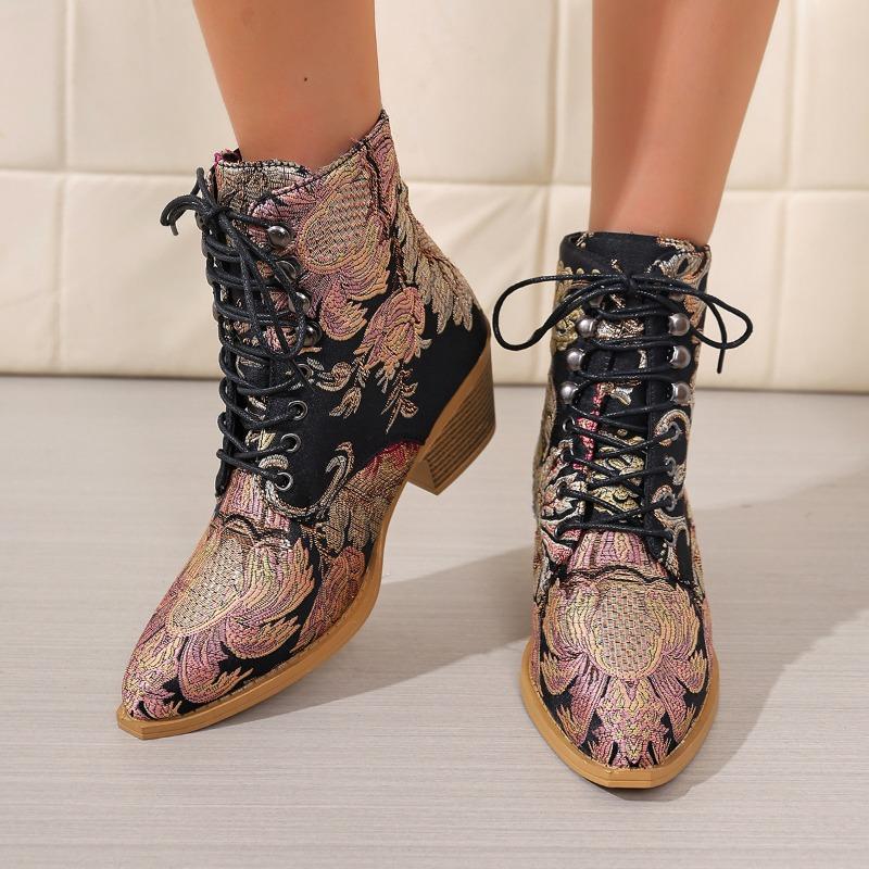 Women's Plus-Size Embroidered Chunky Heel Short Boots - Pointed Toe, Lace-Up, High Heel, Fashion Boots, New Style Chelsea Boots