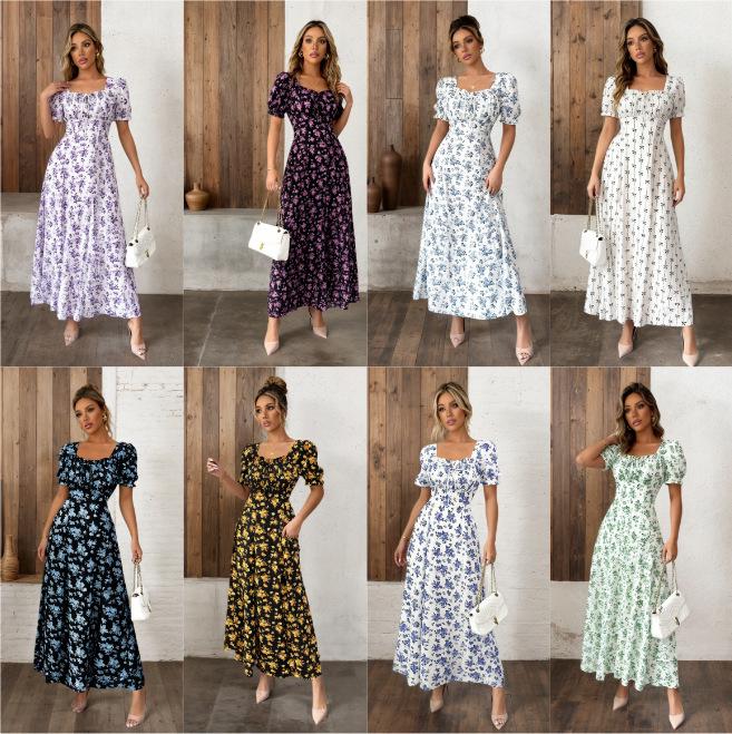 2026 Women's Summer Floral Print Puff Sleeve Square Neck Dress - French Style Holiday Tea Party Skirt
