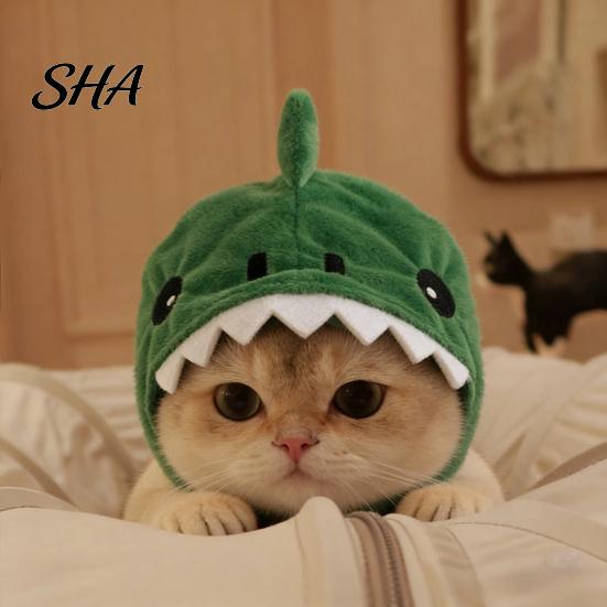 Breathable Pet Accessory for Photos Cute Dinosaur Hat Cats, Soft Plush Funny Cat Headwear Functional Grooming with Shark Design, Novelty Green Costume