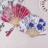 1Pc Japanese Style Shell Shaped Fan With Storage Bag Silk Cloth Bamboo Folding Fans Single-Side Flower Curved Fanbone Hand Fan