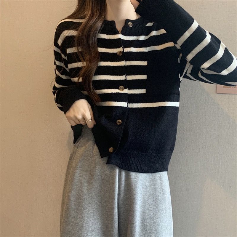 Japonský měkký lepkavý svetr do O Neck Dámský proužkovaný kardigan 2023 jarní volný pletený svetr s dlouhým rukávem dámský kardigan kabát top