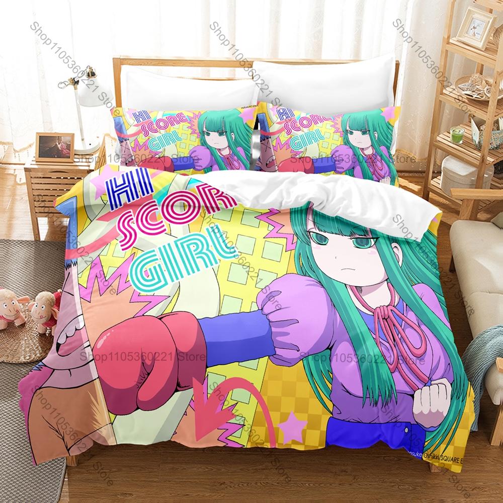 Hi Score Girl Bedding Set Duvet Cover + 2 Pillowcases Retro Arcade Game Haruo Akira 90s Nostalgic Anime Soft Pastel Bedroom