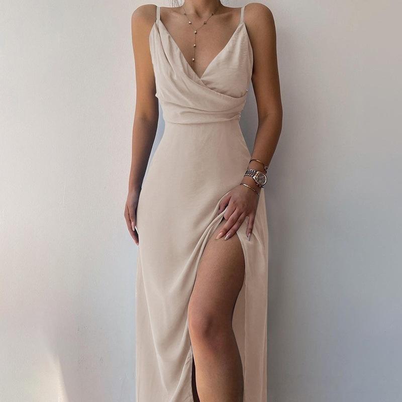 Spring Sexy V-neck Halter Slit Mid-length Dress for Women
