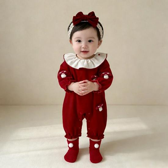 

Baby Spring-Autumn Red Cotton Romper with Mushroom Print and Doll Collar 59cm