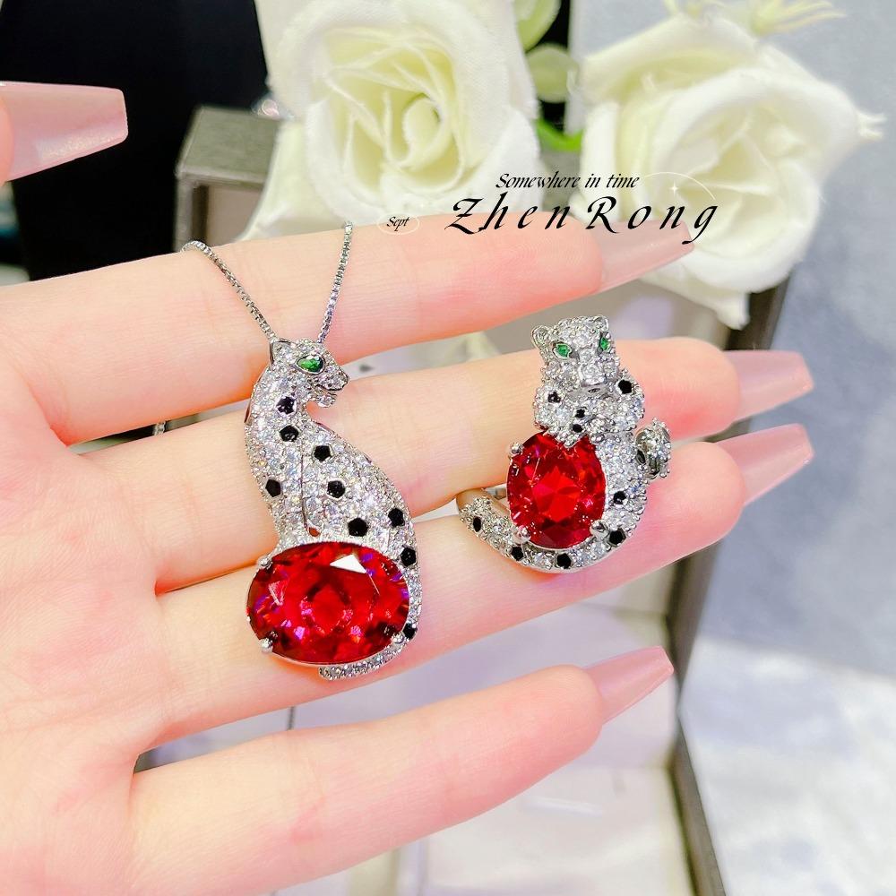 Damen Schmuckset Mode Leopard Zirkon Ohrringe Anhänger Halskette Ring Luxus Edelstein Schmuck