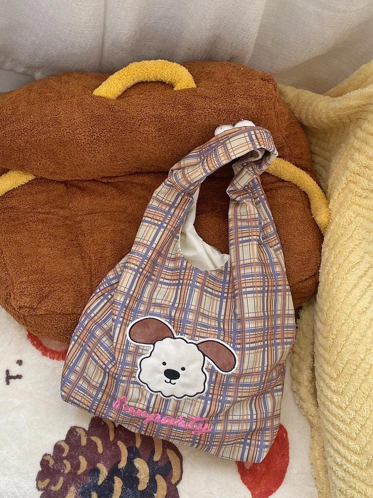 Carto Dog Plaid Stripe Women Shoulder Bags Corduroy Large Capacity College Girls Underarm Tote Bag Casual Female Vest Handbags