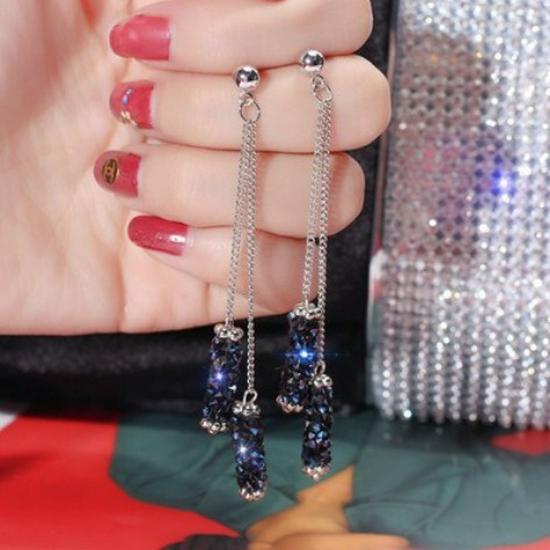 European and American Fashion Tassel Blue Crystal Stud Earrings – New Arrival