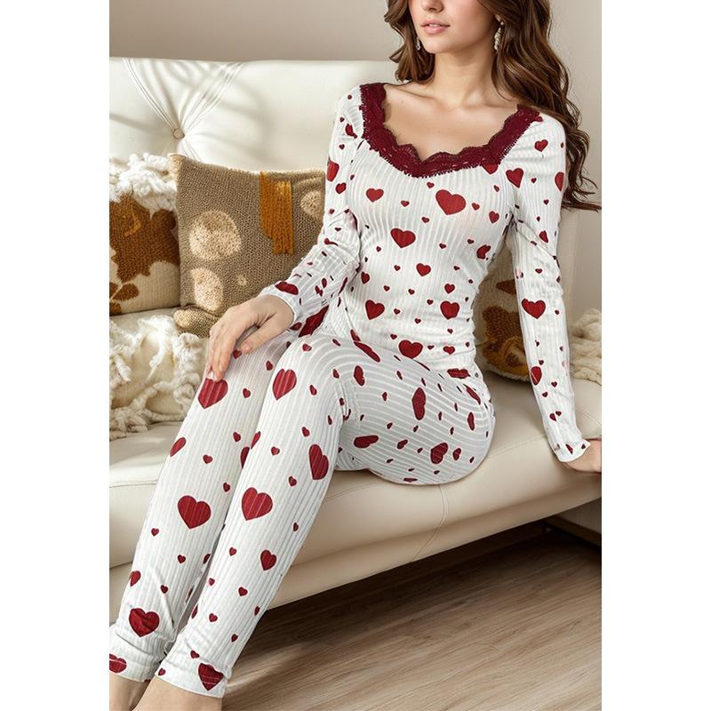 New Loungewear Love Printed Pajamas Love Long Sleeves Trousers Set Can Be Worn Outside European and American Women's Pajamas