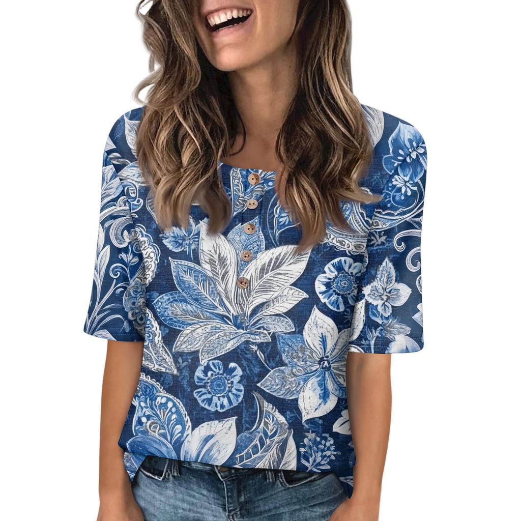 Dame Mote Trykket Rund Hals Knapp Halv Erm Løs Topp