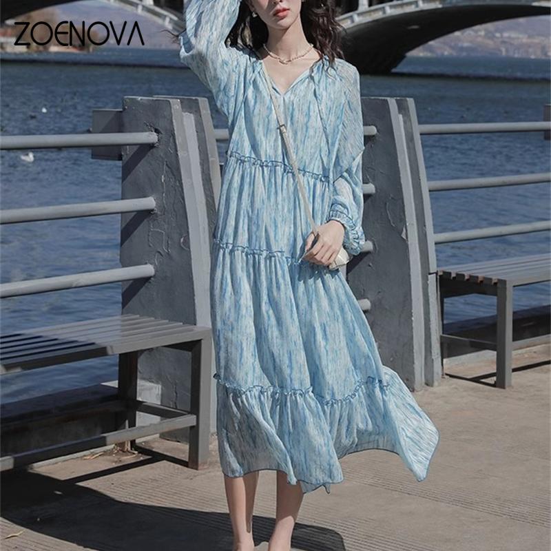 

ZOENOVA Модная коллекция 2024, повседневные новые женские элегантные французские винтажные шифоновые женские платья с v-образным вырезом и пышными рукавами S синий