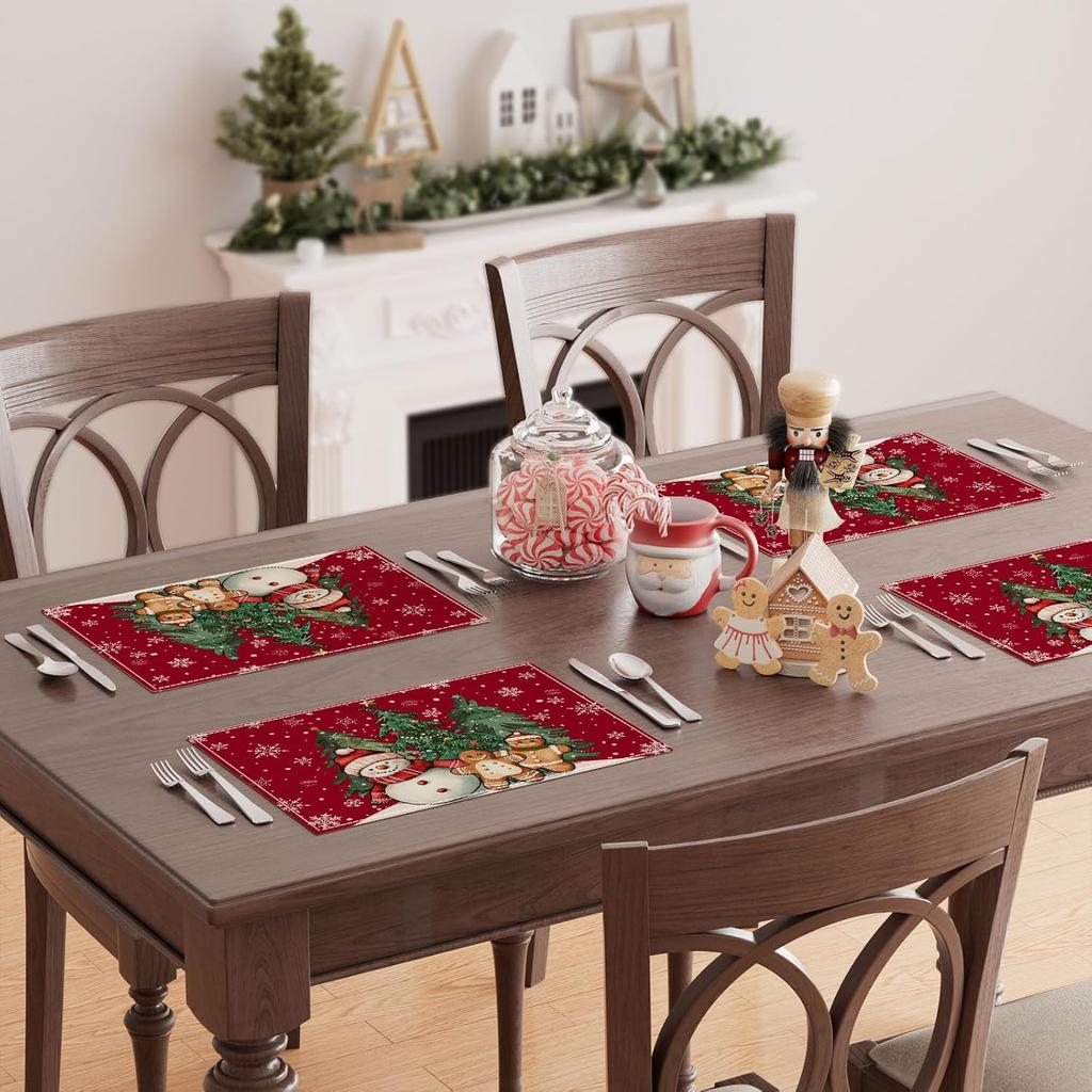 Winter Red Snowman Gingerbread Man Christmas Tree Xmas Placemats Set of 4 Table Mats for Party Home Kitchen Dining Table Decorations 12x18 Inch