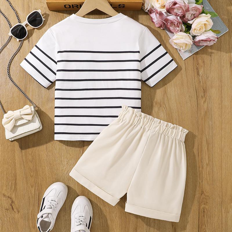 Girls' Fashion Suit Summer Children's Casual Striped Short-sleeved Top Sweet Bud Shorts Two-piece Suit