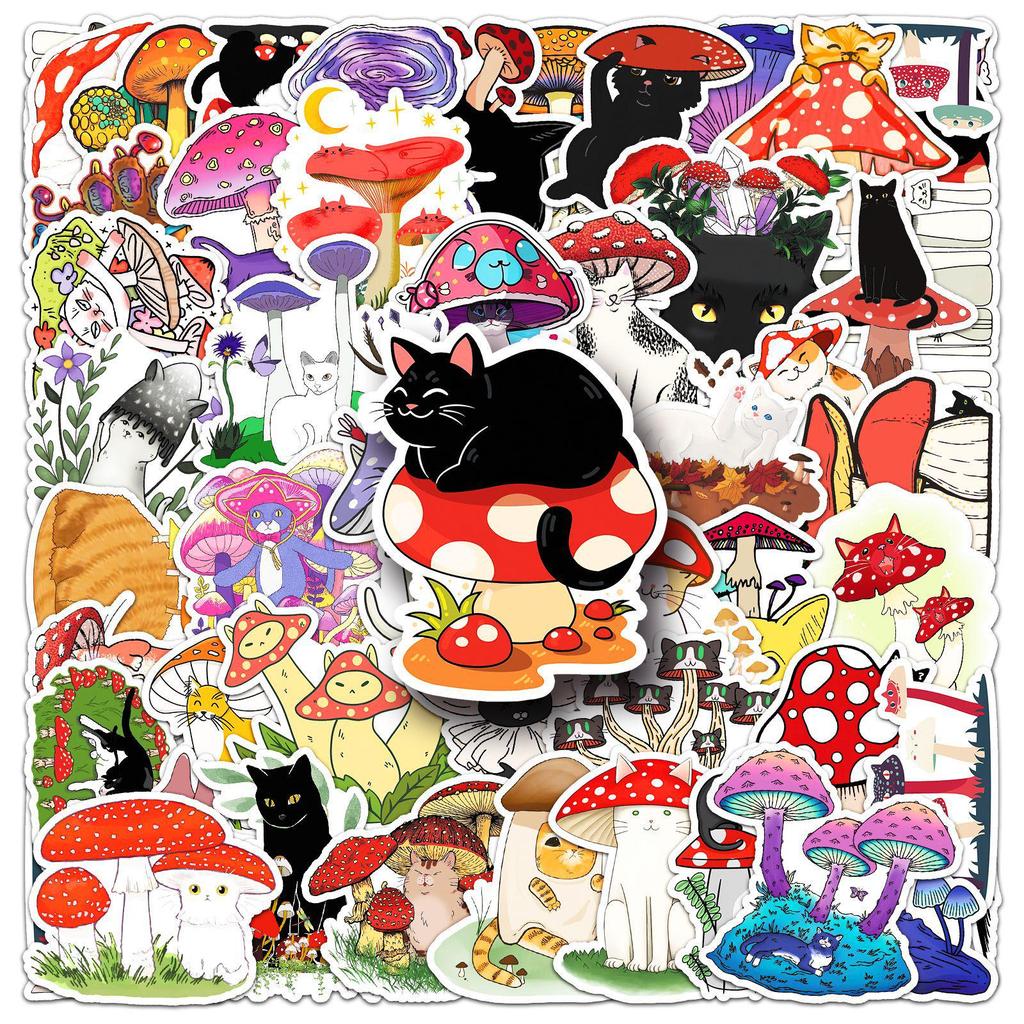 50-Pack Cartoon Cat & Mushroom Graffiti Stickers for Creative Decoration on Water Bottles & Phone Cases