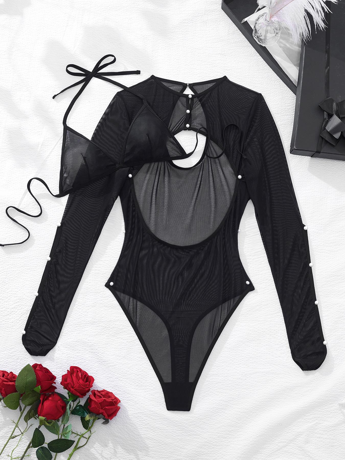 

In Stock: New European & American Sexy High-End Mesh Long Sleeve Pearl-Spliced Bodysuit Large чорний