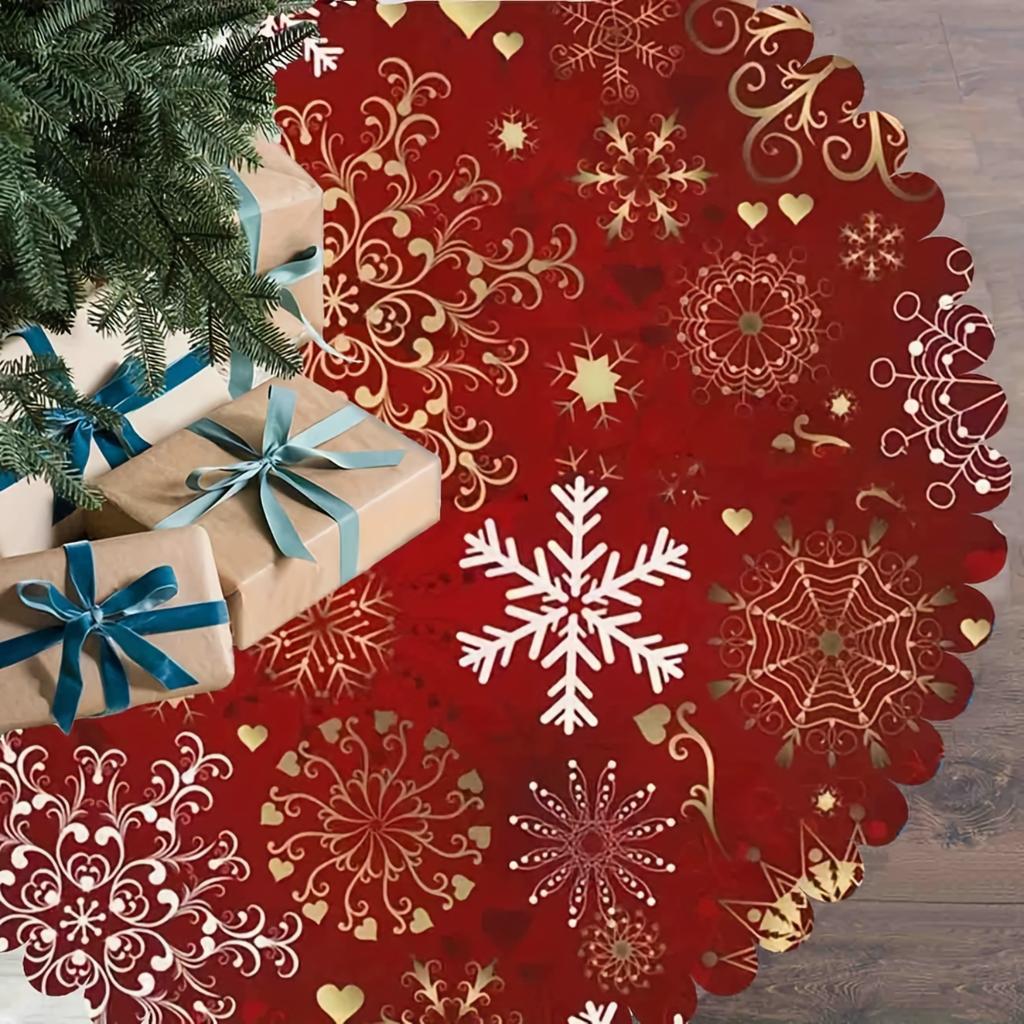 Christmas Tree Skirt with Red Background, Snowflake and Gold Tree Pattern, Christmas Tree Base Decoration
