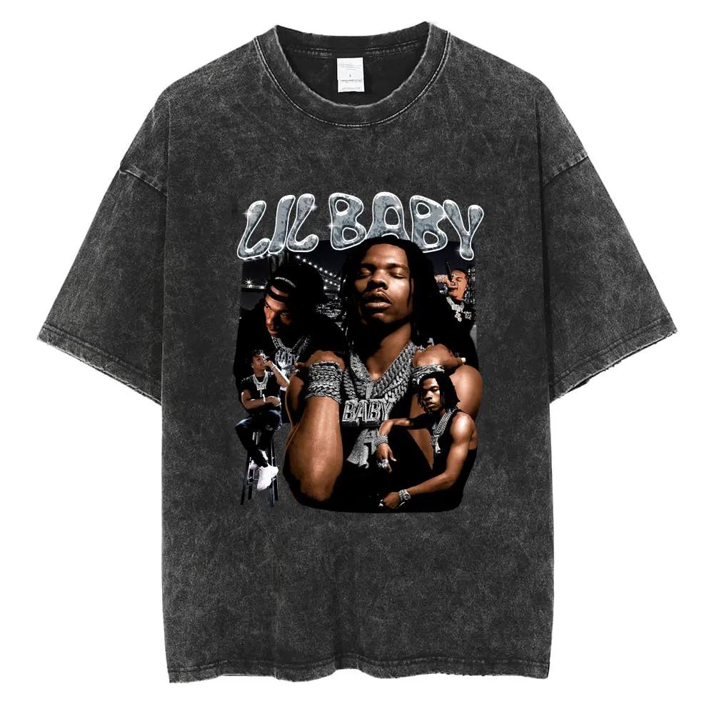 Rapper Lil Baby Wham World Tour Maglietta Lavata Vintage Uomo Donna Moda Casual Maglietta Retrò Hip Hop Magliette Oversize