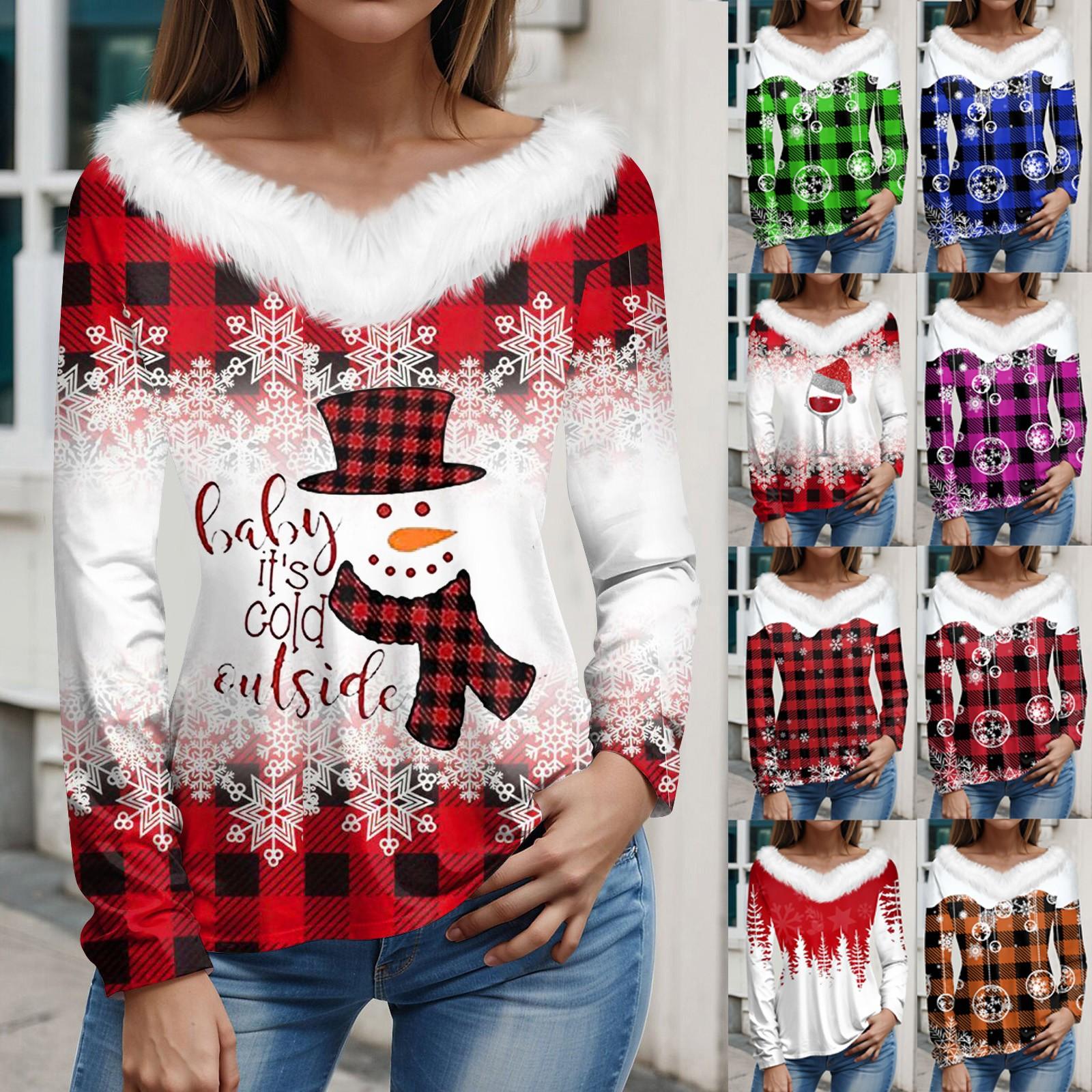 

Женская футболка, рождественская рубашка с длинным рукавом, вечеринка, рождественский принт, плюшевый воротник, топ с v-образным вырезом XXXL красный