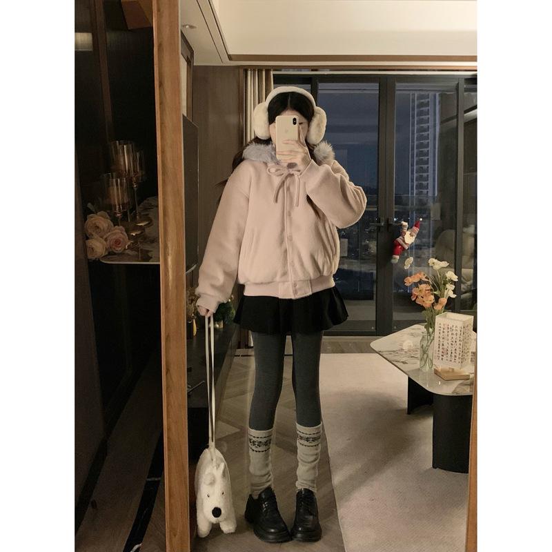 Korean Style Pink Bowknot Fur Hooded Cotton Padded Baseball Jacket Women's Autumn/Winter Coat