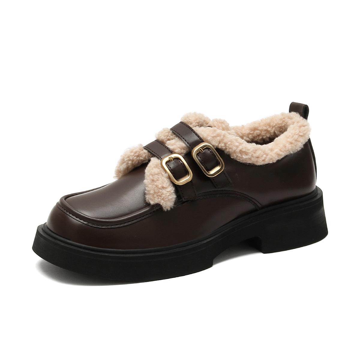 

Женские зимние ретро одинарные туфли на толстой подошве, женские туфли на блочном каблуке и флисовые туфли из маленькой кожи 42 коричневый