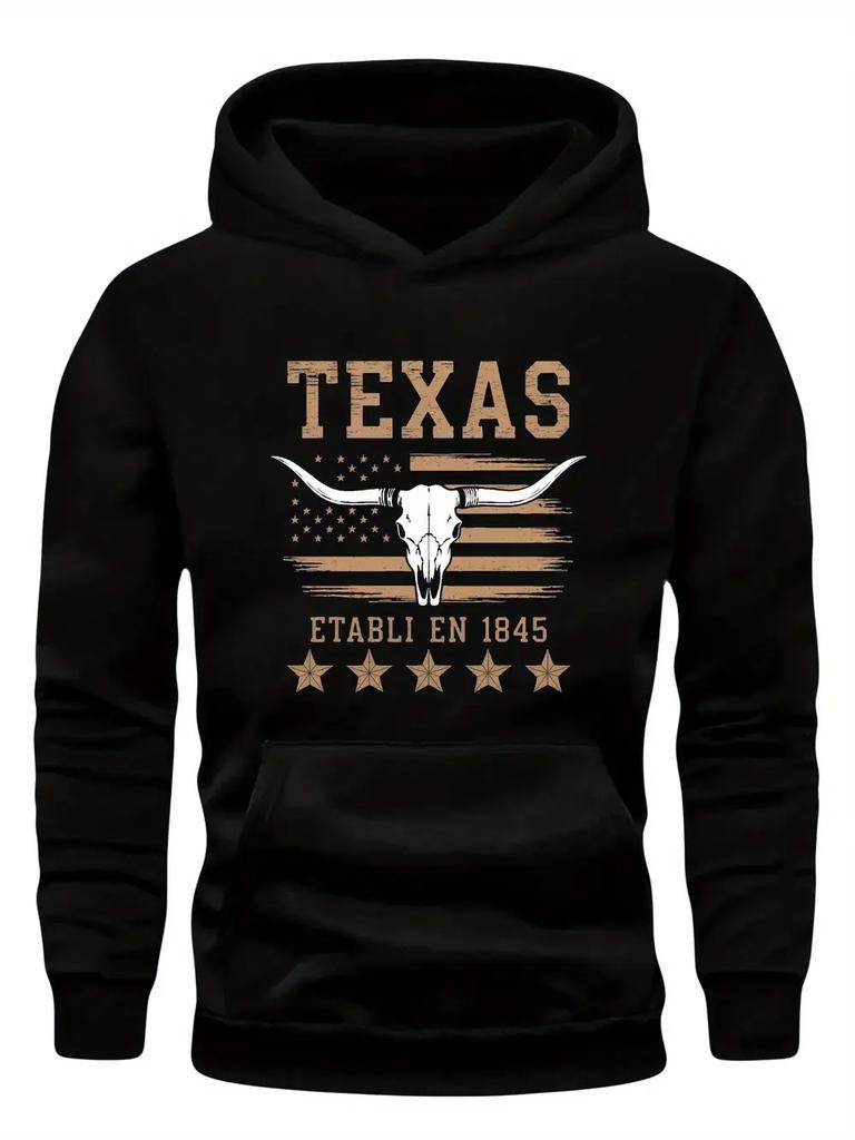 Plus Size Texas Longhorn Skull Hoodie - Casual Green American Flag Pullover with "ESTABLISHED 1845" Design