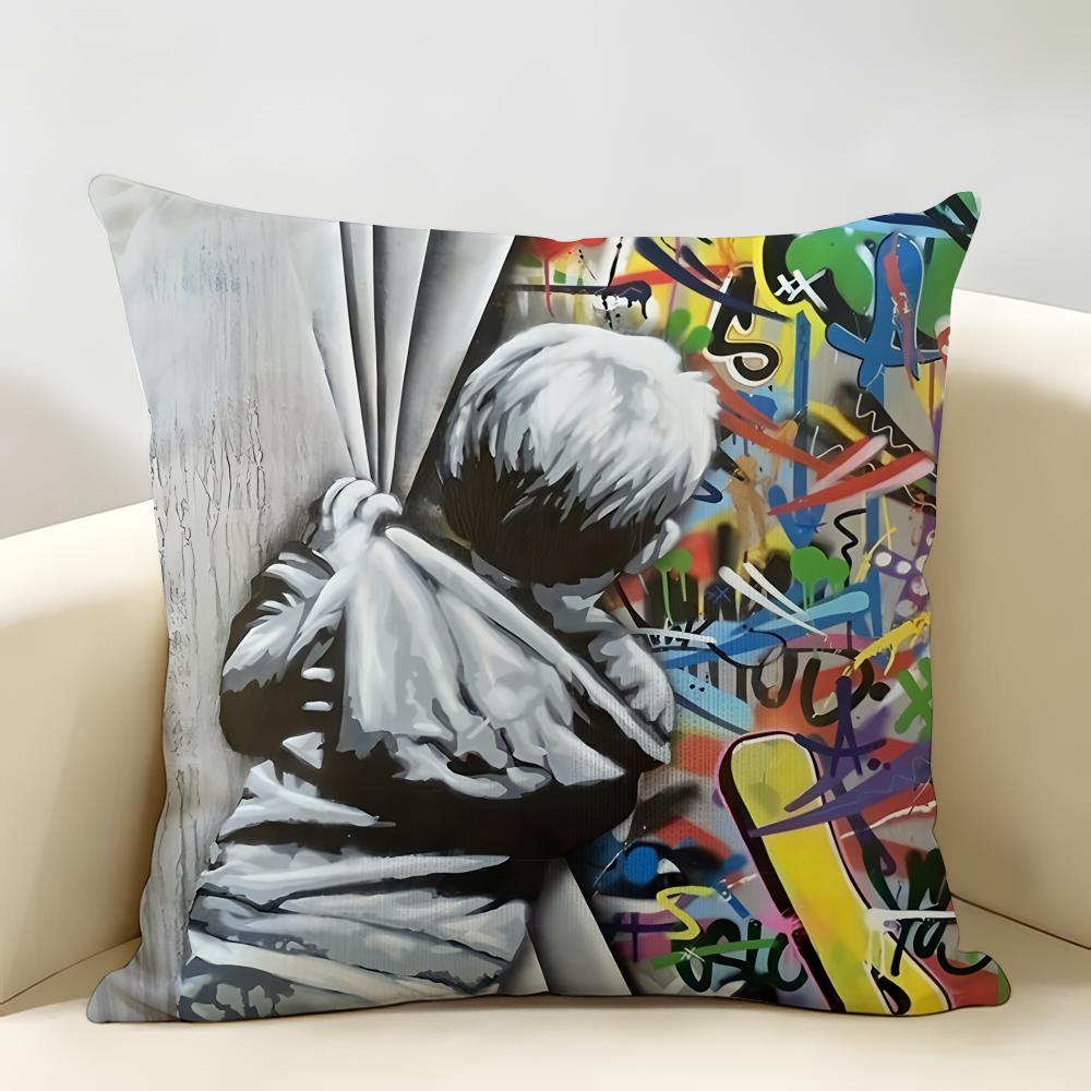 BBanksy Graffiti Mr BBrainwash Cushion Cover Natural Linen Organic Fabric DoubleSided Printing Room Sofa Decor Pillow Case