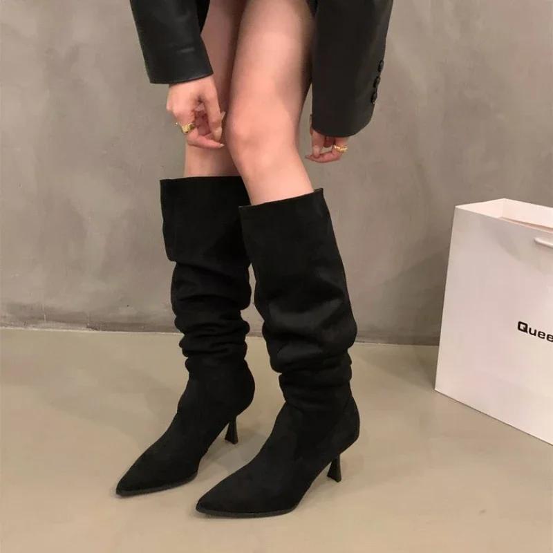 2024 Winter Street Style Round Toe Knee-High Women Boots Punk Thin High Heels Shoes Female Long Booties Zapatos De Mujer