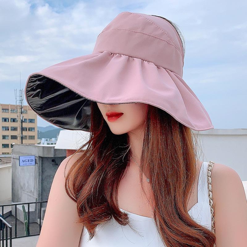 Wide Brim Solid Empty Top Sun Hats for Women Black Plastic Anti-UV Summer Hat Breathable Beach Sunshade Hat Foldable Visor Cap