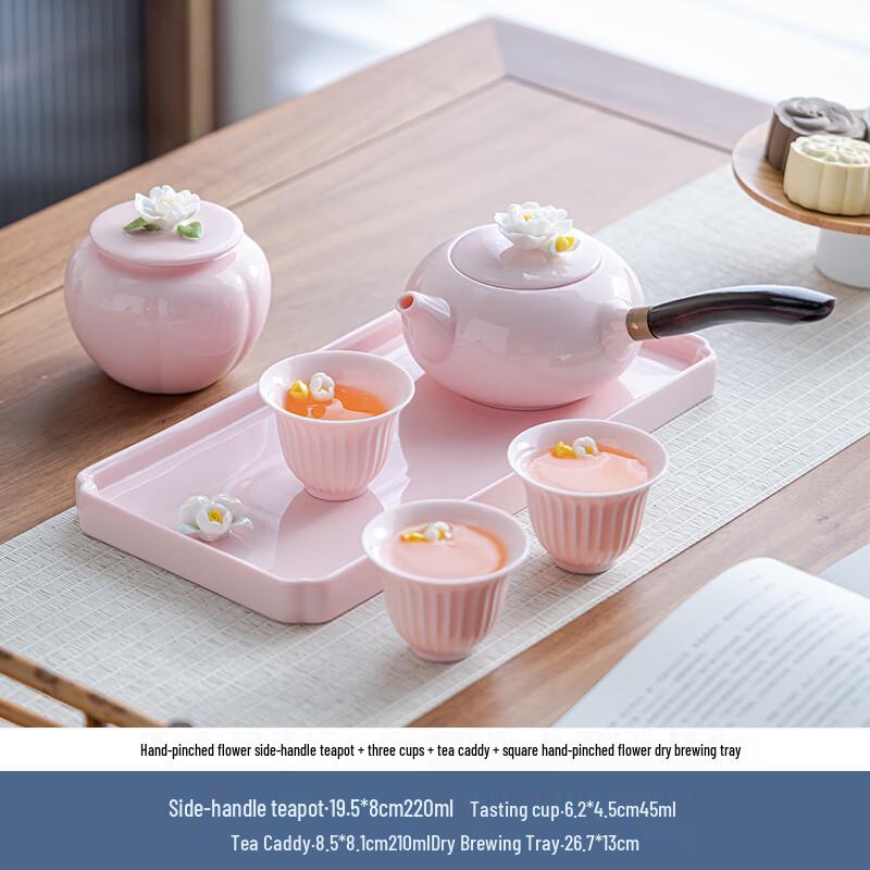 Dehua White Porcelain Pinch Flower Pink Tea Set 05 Side Handle Pot 5-piece Set + Pink Square Tray