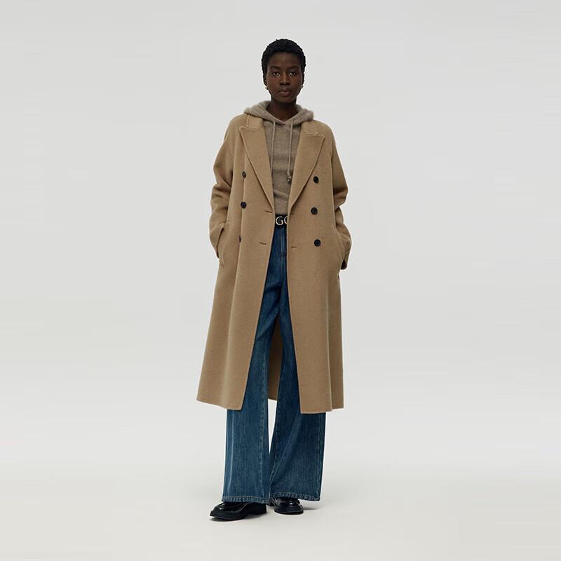 GOELIA Unisex Camel Wool Double-Faced Peak Lapel Coat