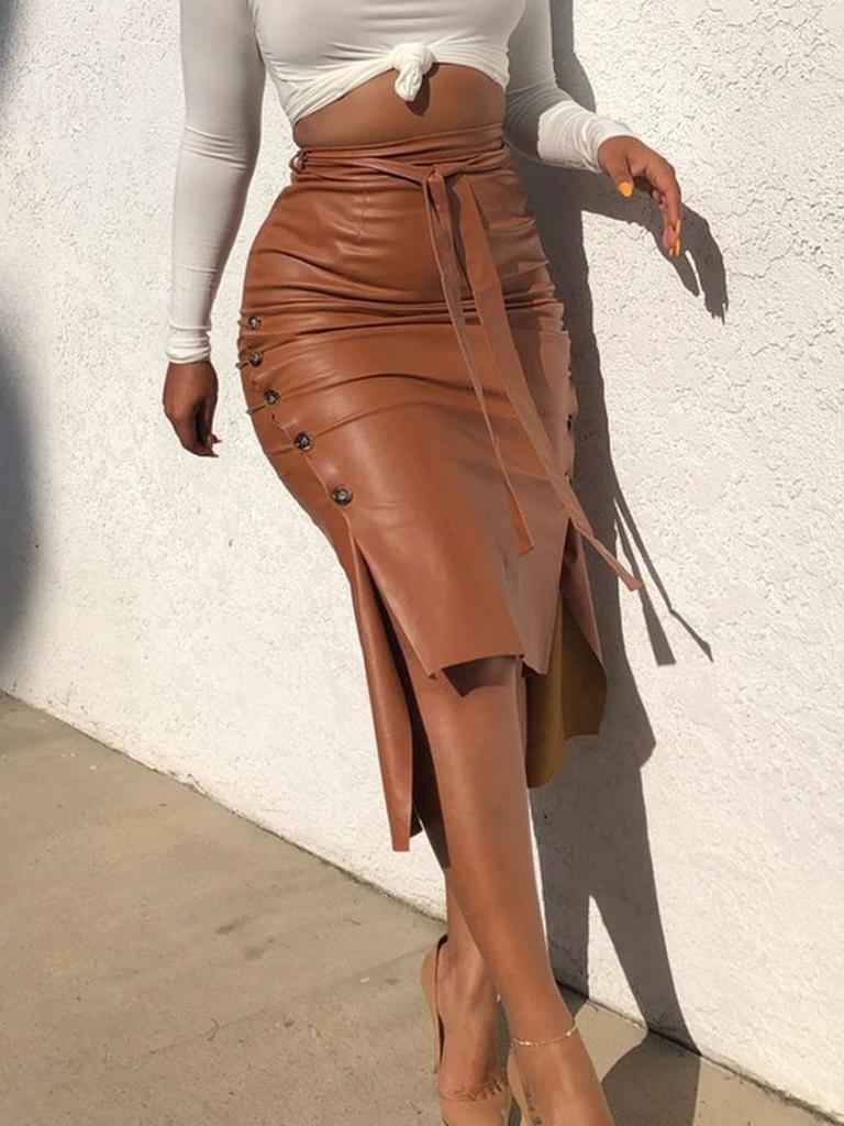 Overstock Leather Pu Skirt Women's Hot Sale O-Neck Slim Fit Mid-Length Bodycon Half-Body PU Skirt Drop Shipping