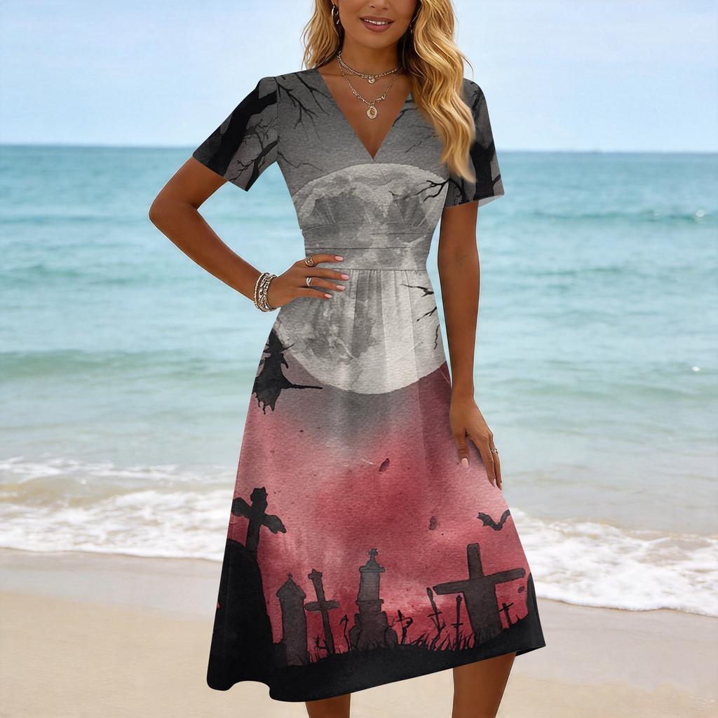 Women Casual Halloween Print V Neck Short Sleeve Dress Midi Length A Line Silhouette Comfortable Fit