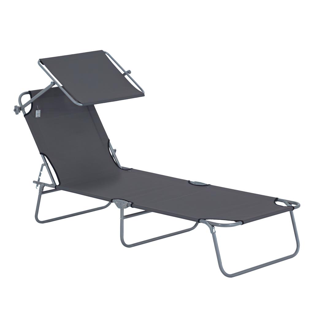 Foldable Sun Lounger, Garden Lounger with Sunshade, Beach Lounger, with 4-position Adjustable Backrest,  Suitable for Garden, Balcony and Pool, Gray