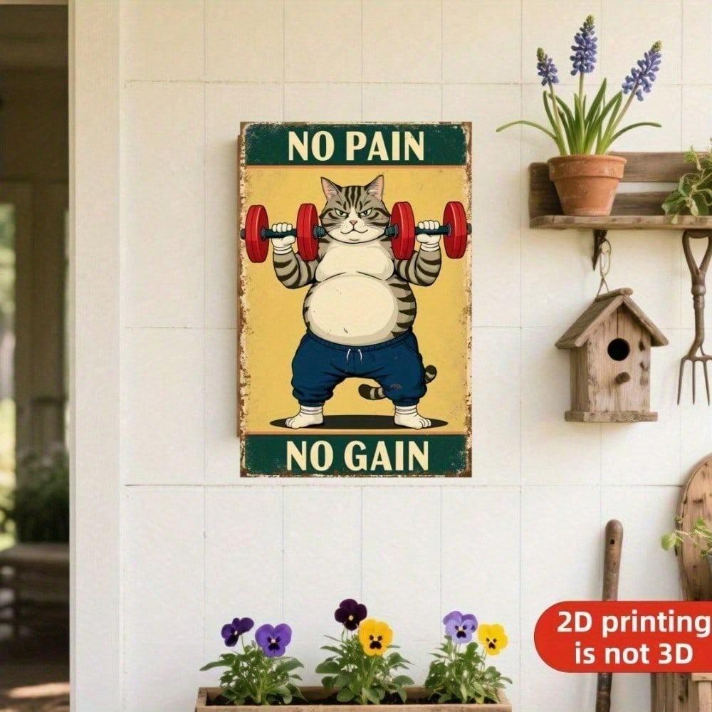 Vintage Power Cat Retro Metal Sign Funny Kettlebell Gym Wall Art Man Cave Bar Garage Decor