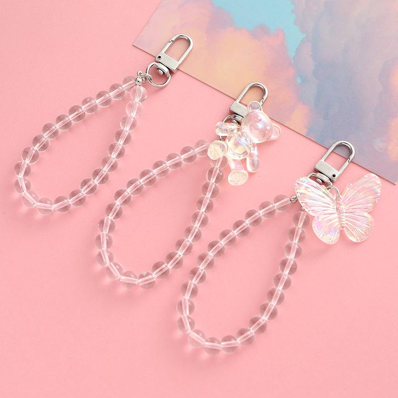 Transparent Acrylic Pearl Keychain with 8mm Round Beads, Bear, Butterfly, and Couple Bag Pendant.