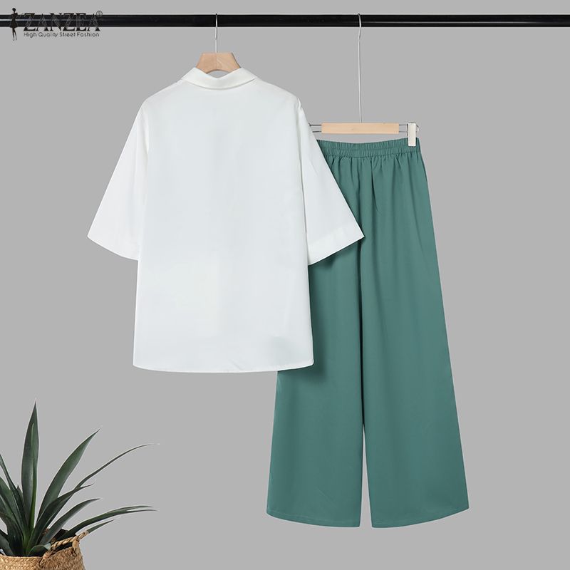 ZANZEA Seturi costume casual din două piese pentru femei, bluză cu mâneci 3/4 cu imprimeu și pantaloni