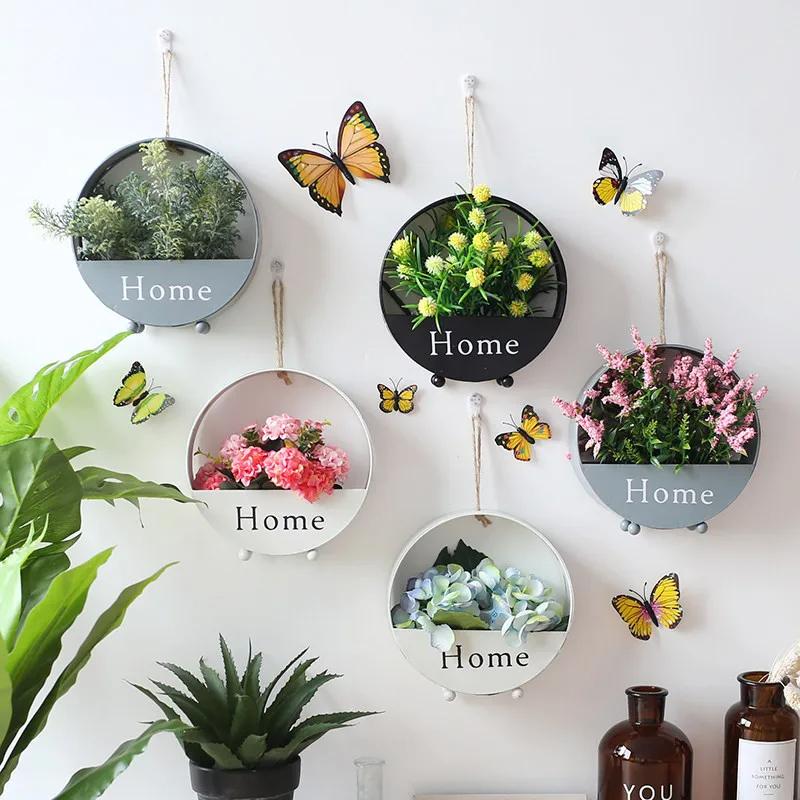 Artificial Wall Hanging Flower Planter Creative Round Modern Storage Shelf Basket Artificial Flowers Balcony Living Art Decor