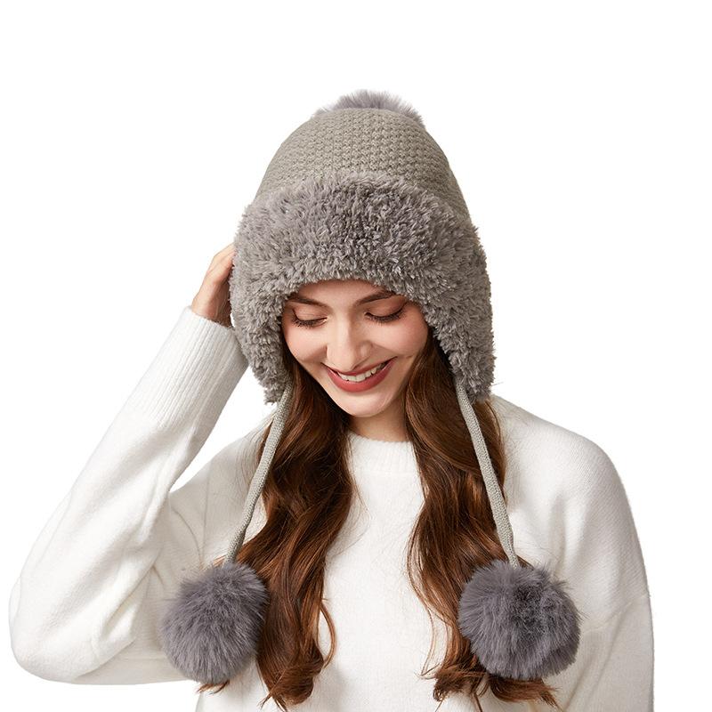 Cashmere Thick Knitted Hat Women's Warm Three-Ball Pullover Cap Outdoor Cold-Proof Ear Protection Plush Cap