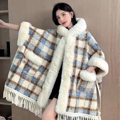 Winter Fleece Thickened Hooded Cape Shawl Medium Long Vintage Pocket Fringed Fur Collar Cape Wool Jacket