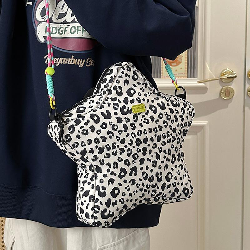 Rucksack in Sternform mit Leopardenmuster, verstellbarem Riemen, lässiger Schultertasche aus Nylon für Reisen, Shopping und Partys KTY
