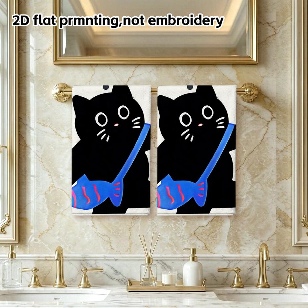 Black Cat Fish Bag Towel, Cute Print Absorbent Bathroom Hand Towel