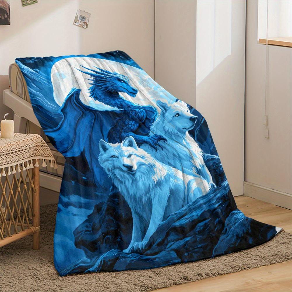 Fantasy Blue Dragon Wolf Blanket Season Universal Living Room Bedroom Office Nap Cover Ins Style Decorative Blanket