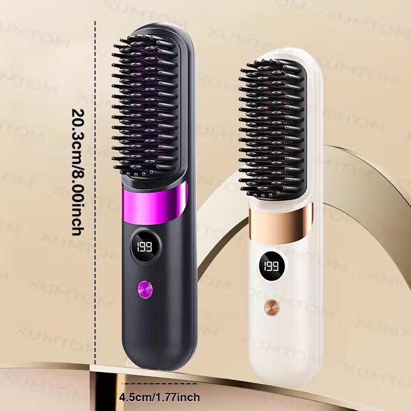 Wireless 2-in-1 Straightening Curling Comb Anti-Scald LED Display USB Rechargeable Portable for Home Travel All Hair Types