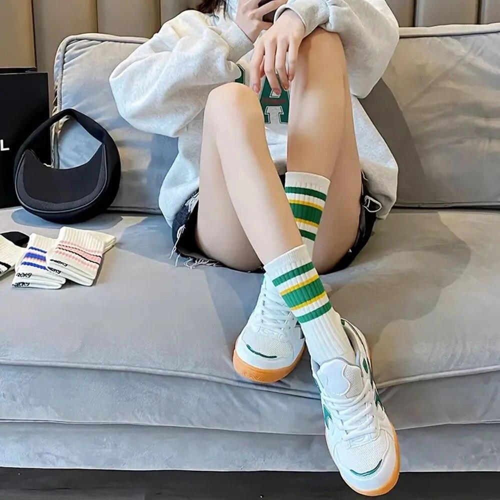 5 Pairs Women's Socks Cute Harajuku Warm Sock Simple Colorful Striped Short Socks Fashion Spring Autumn Women's Mid Length Socks